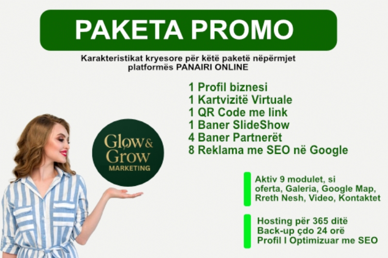 Paketa PROMO me 8 reklama dhe Profil biznesi ne platformen Panairi Online, Website me seo, optimizimi i website ne Google me SEO, Dyqan per shitje online, trendet e marketingu dixhital, platformat e marketingut ne Shqiperi