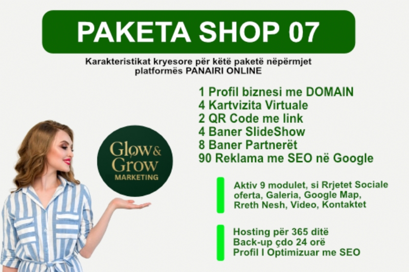 Paketa E-SHOP me 90 reklama dhe Profil biznesi me domain në platformën Panairi Online me SEO ne Google, Dyqan per shitje online, marketing dixhital per e shop, agjenci marketing online per e shop, kompani marketing dixhital